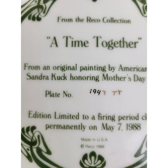 Vintage Reco 1988 "A Time Together" by Sandra Kuck Collectible Plate 9" #1947TT - Picture 9 of 9